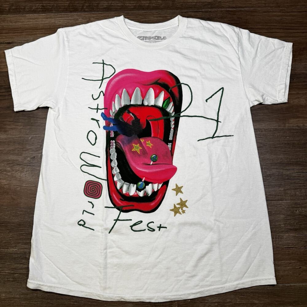 Travis Scott Astroworld Fest 2021 T-Shirt Mens M Cactus Jack Puff Print White